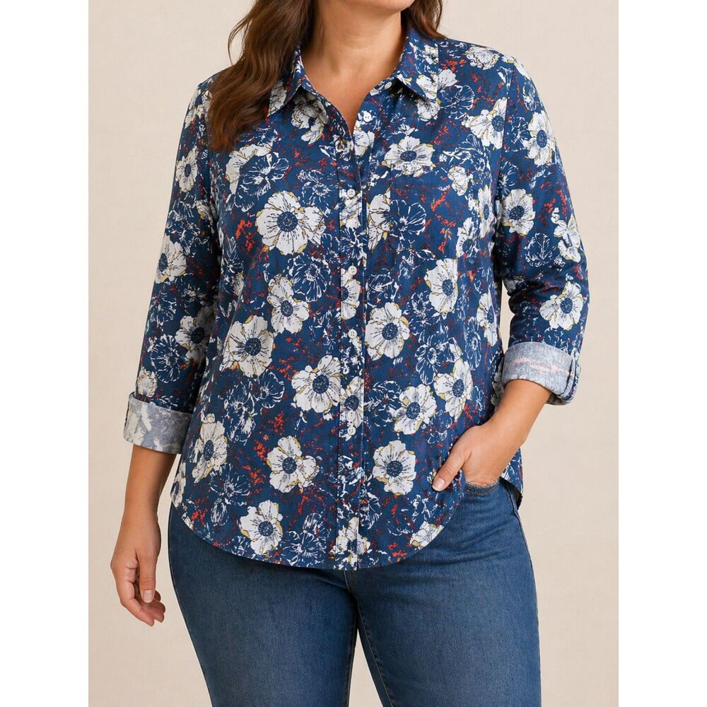 Duluth Trading Floral Button Up Shirt 3X Blue Cotton Stretch Workwear Top